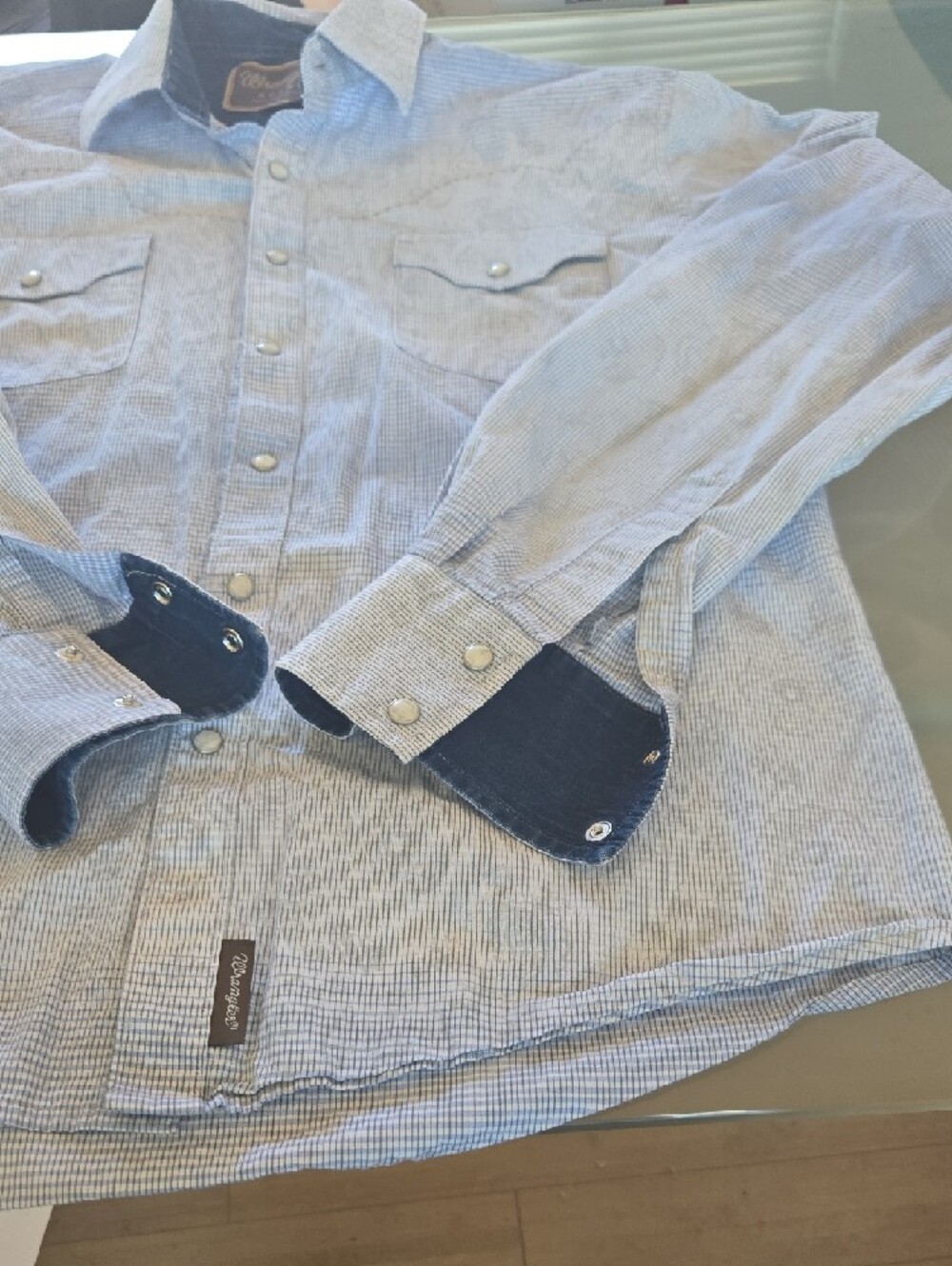 Wrangler Light Blue Check Button-Down Shirt with Dark Blue Accents - Picture 2 of 15